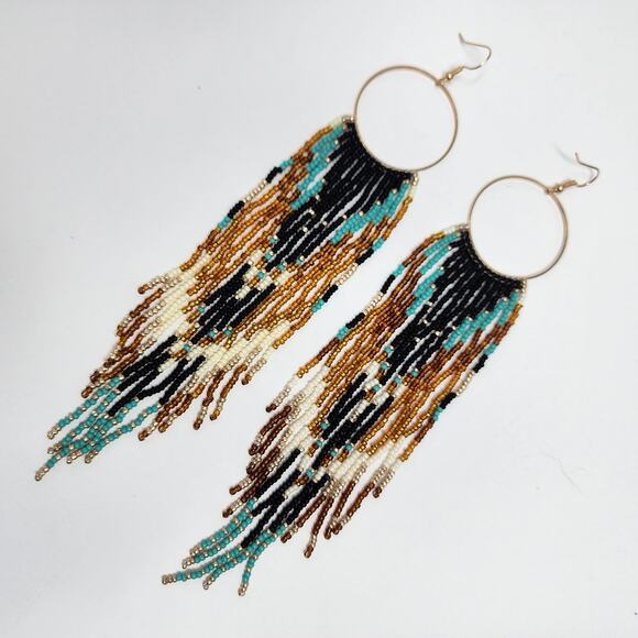 Boho Beaded Fringe Hoop Earrings - Picture 3 of 5